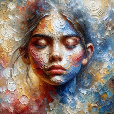 The primary subject of the image is a woman's face, which is the main focus of the painting. The setting is a colorful and artistic background, which adds to the visual style of the painting. The colors and mood of the painting are vibrant and lively, with a mix of red, blue, and yellow hues. The overall atmosphere of the painting is one of beauty and creativity, showcasing the artist's skill in capturing the subject's features and emotions.